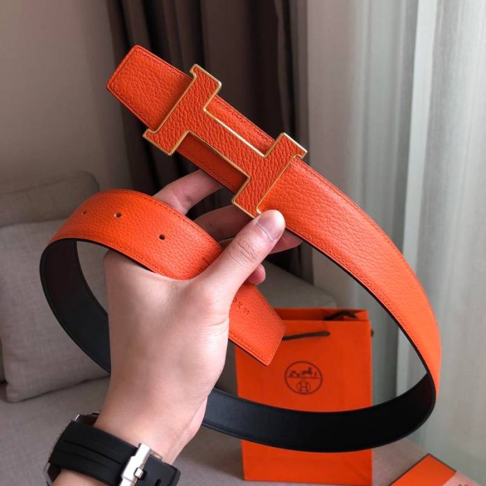 Hermes H Guillochee Belt Buckle & Reversible Strap Orange For Women, Women Belt 380MM - Image 4