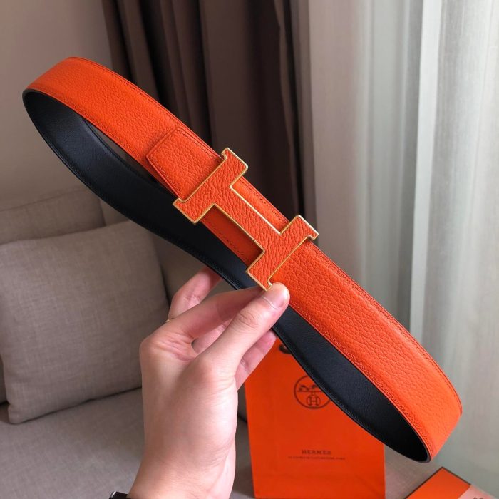 Hermes H Guillochee Belt Buckle & Reversible Strap Orange For Women, Women Belt 380MM - Image 5