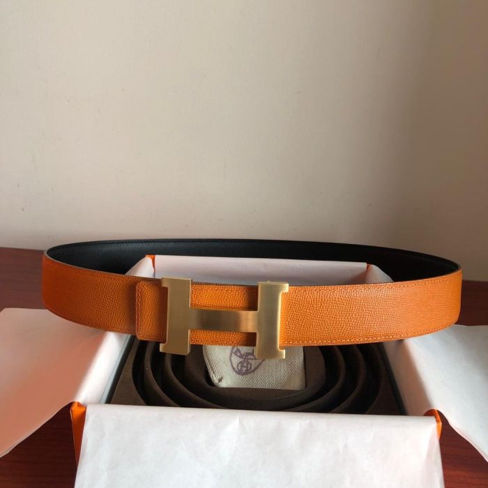 Hermes Mini Constance Guillochee Belt Buckle & Reversible Orange For Women, Women Belt 380MM