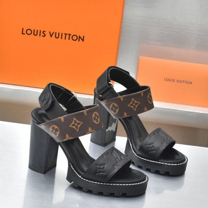 Louis Vuitton LV Leather Chunky Heel Velcro Slide Sandal (Perfect Replica)