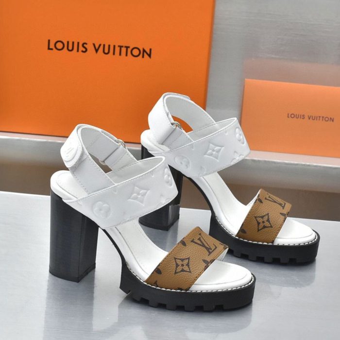 Louis Vuitton LV Leather Chunky Heel Velcro Slide Sandal (Perfect Replica) - Image 4