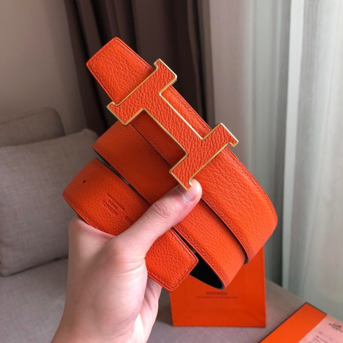 Hermes H Guillochee Belt Buckle & Reversible Strap Orange For Women, Women Belt 380MM - Image 3