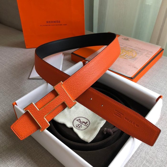 Hermes H Guillochee Belt Buckle & Reversible Strap Orange For Women, Women Belt 380MM