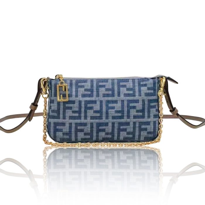 Fendi Baguette Light blue FF chain denim clutch bag (Perfect Replica) - Image 2