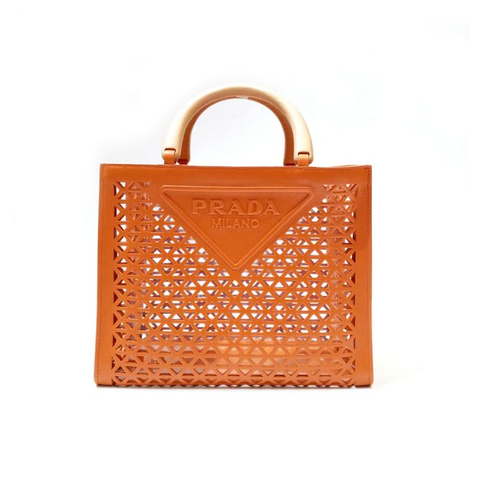 Prada Wooden Handle Hollow Orange Tote Bag - Image 2