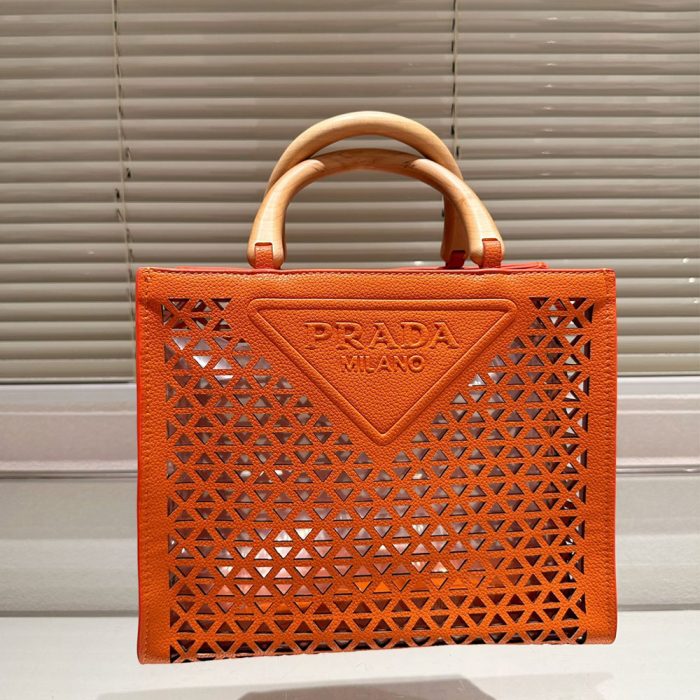 Prada Wooden Handle Hollow Orange Tote Bag