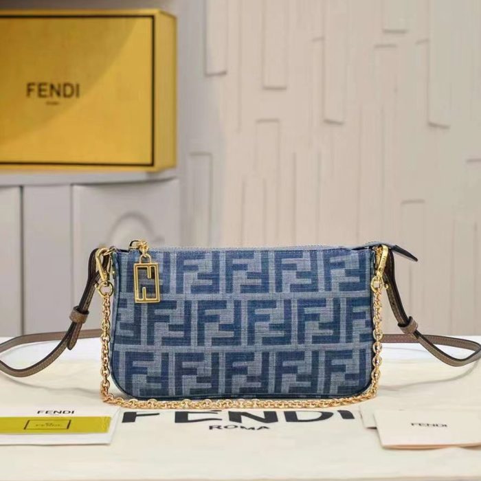 Fendi Baguette Light blue FF chain denim clutch bag (Perfect Replica)