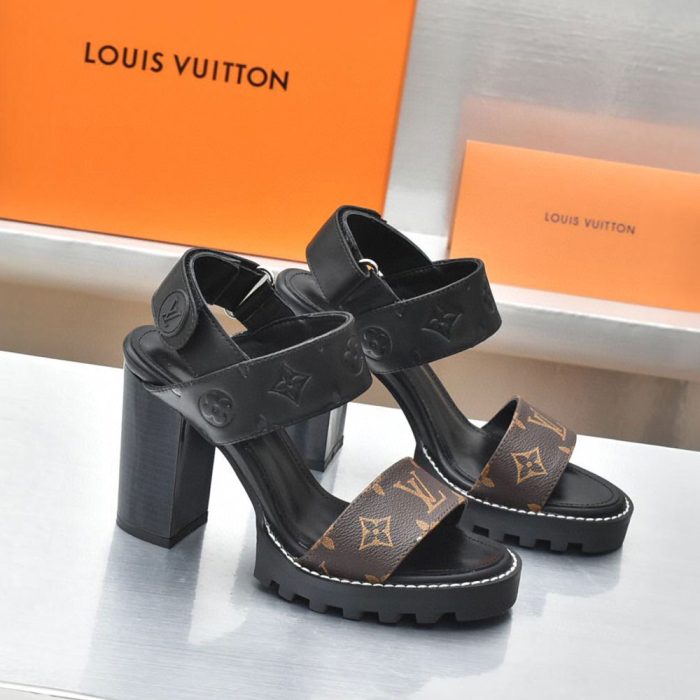 Louis Vuitton LV Leather Chunky Heel Velcro Slide Sandal (Perfect Replica) - Image 2